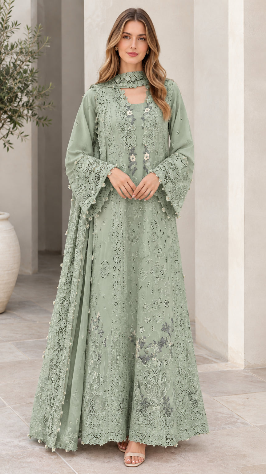 Front view of sage green floral embroidered lace maxi gown with bell sleeves