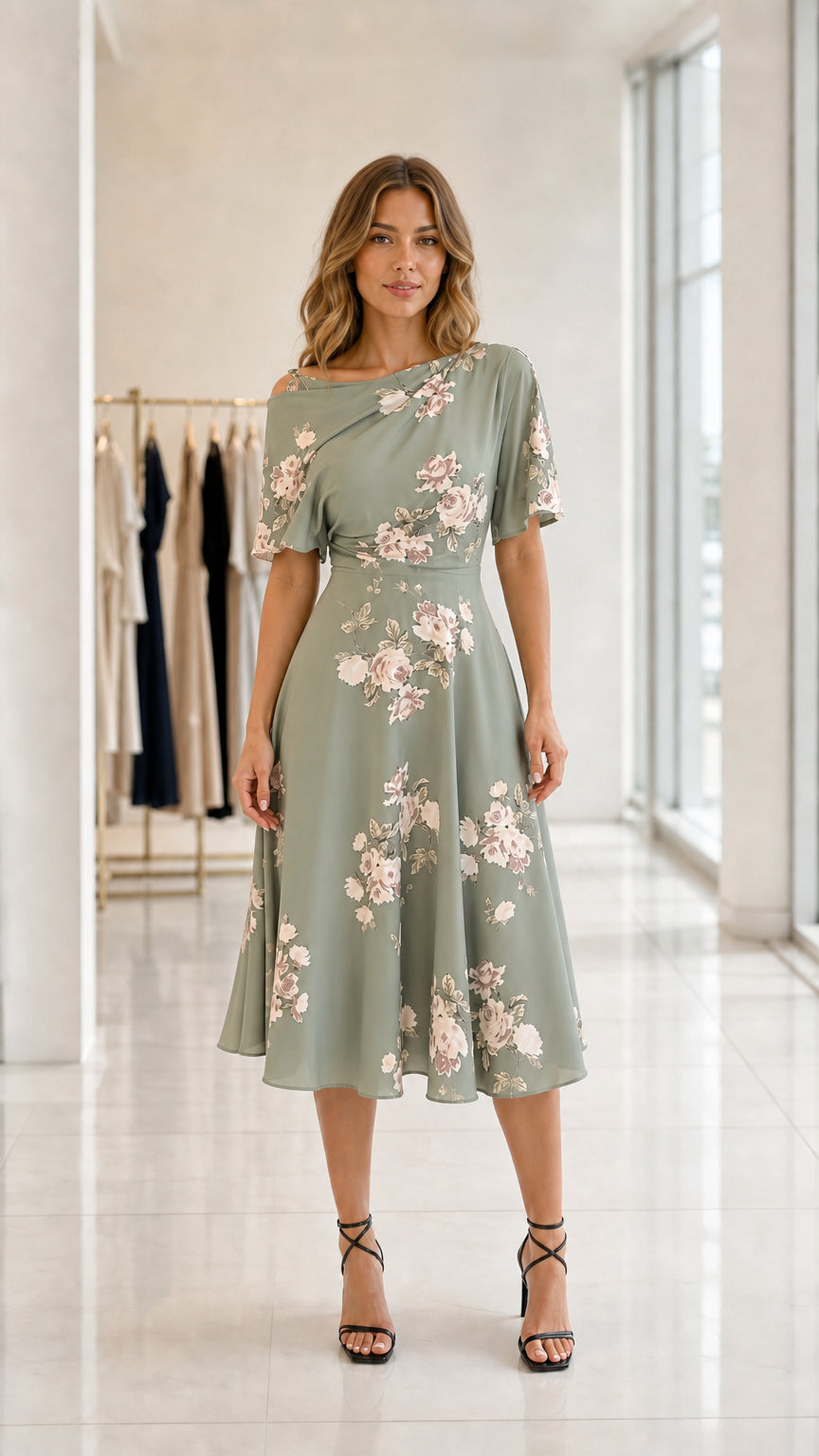 Front view of model wearing sage green floral draped neckline midi dress
