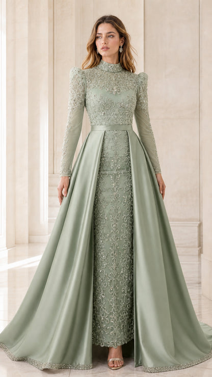 Model wearing sage green embellished high neck gown with satin A-line overskirt