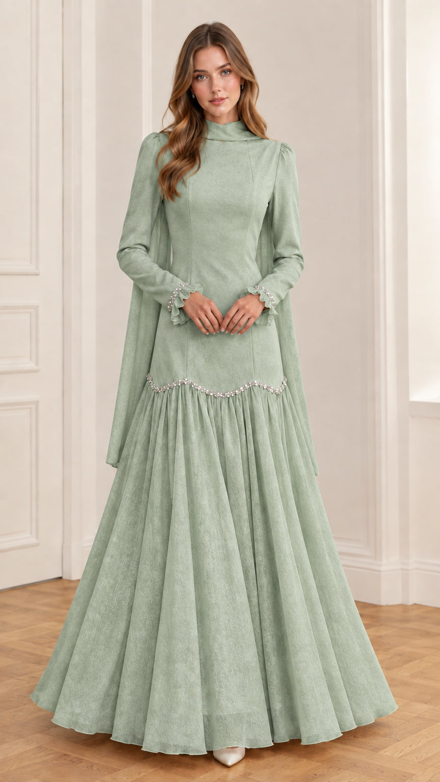 Sage green high-neck long-sleeve embellished formal gown