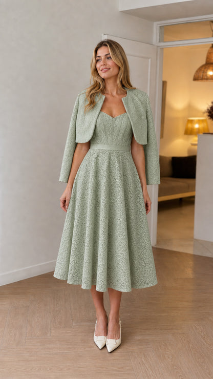 Sage Green lace sweetheart midi dress and bolero jacket set