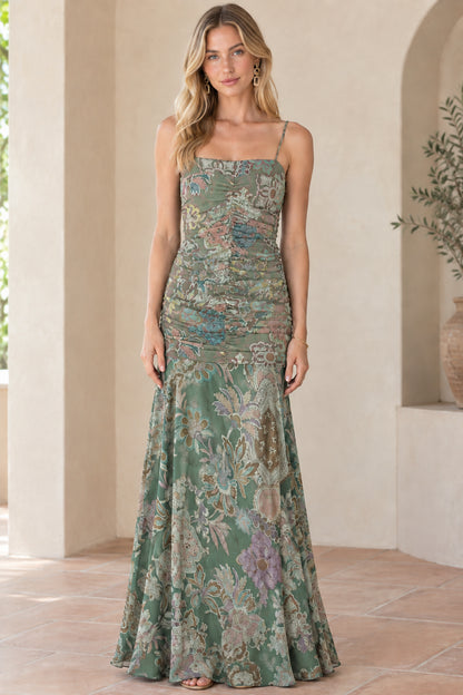 Front view of sage green floral ruched spaghetti strap maxi dress