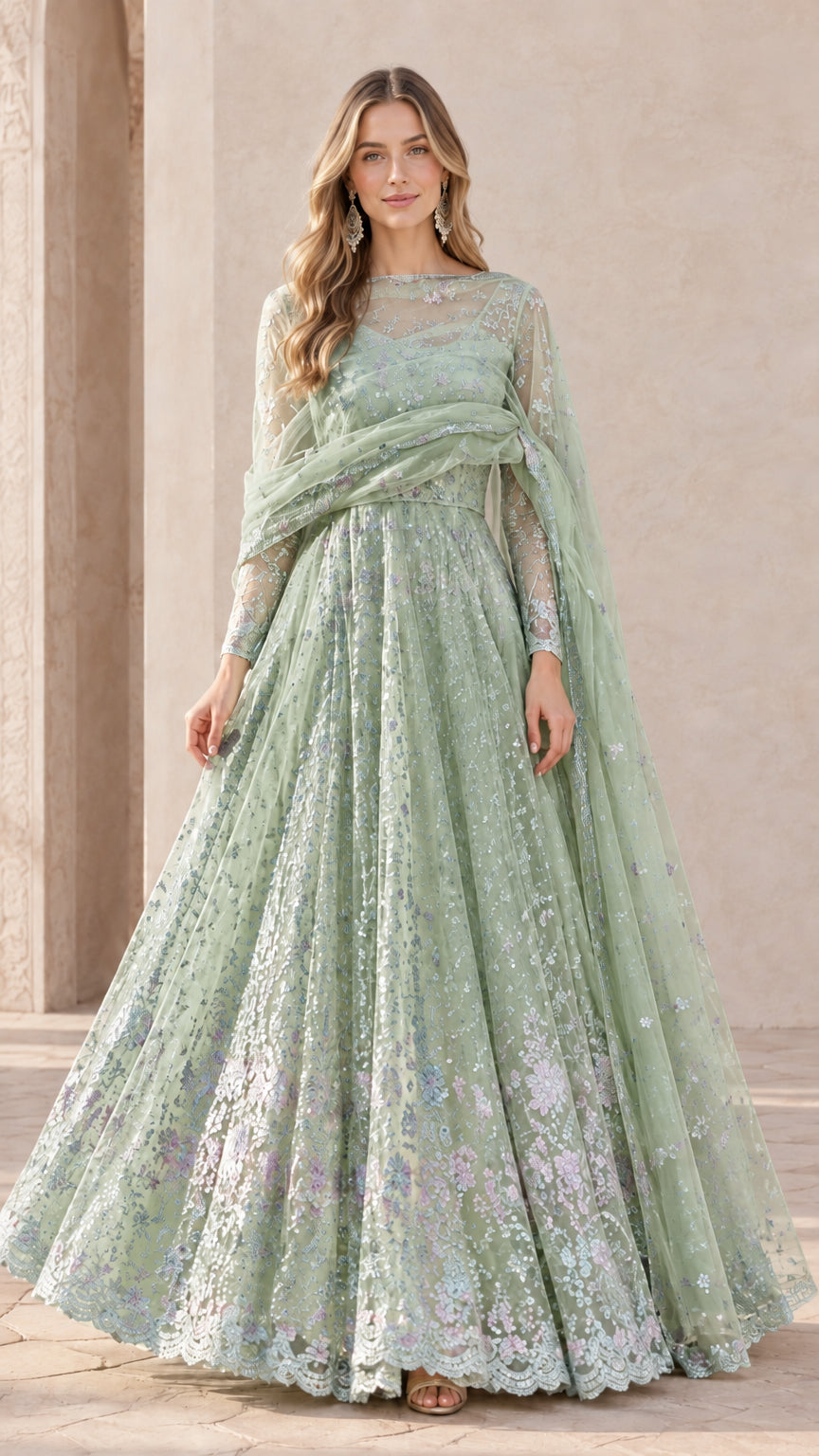 Sage Green floral embroidered sheer long sleeve evening gown
