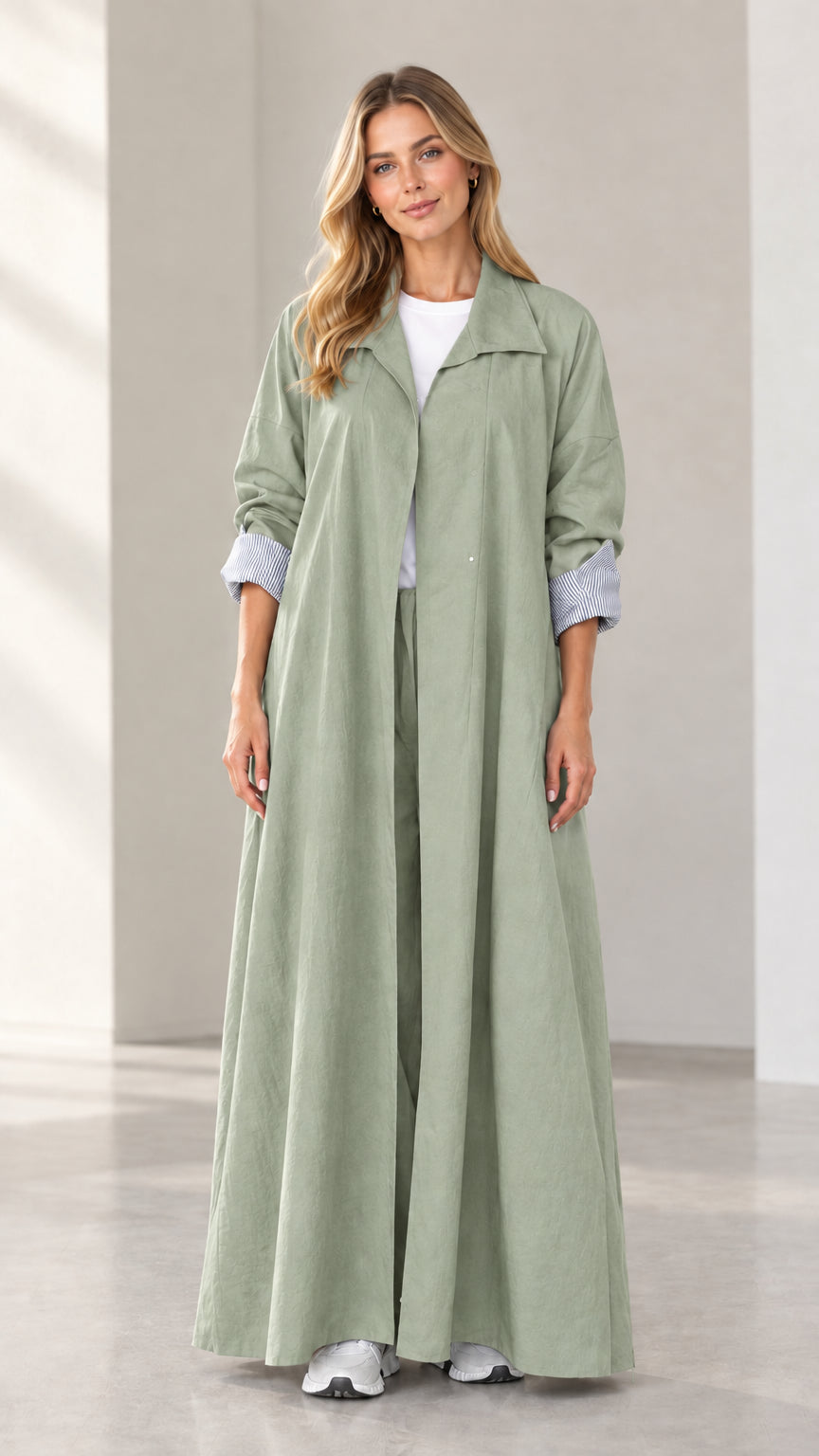 Full-length front view of woman wearing sage green maxi outerwear coat