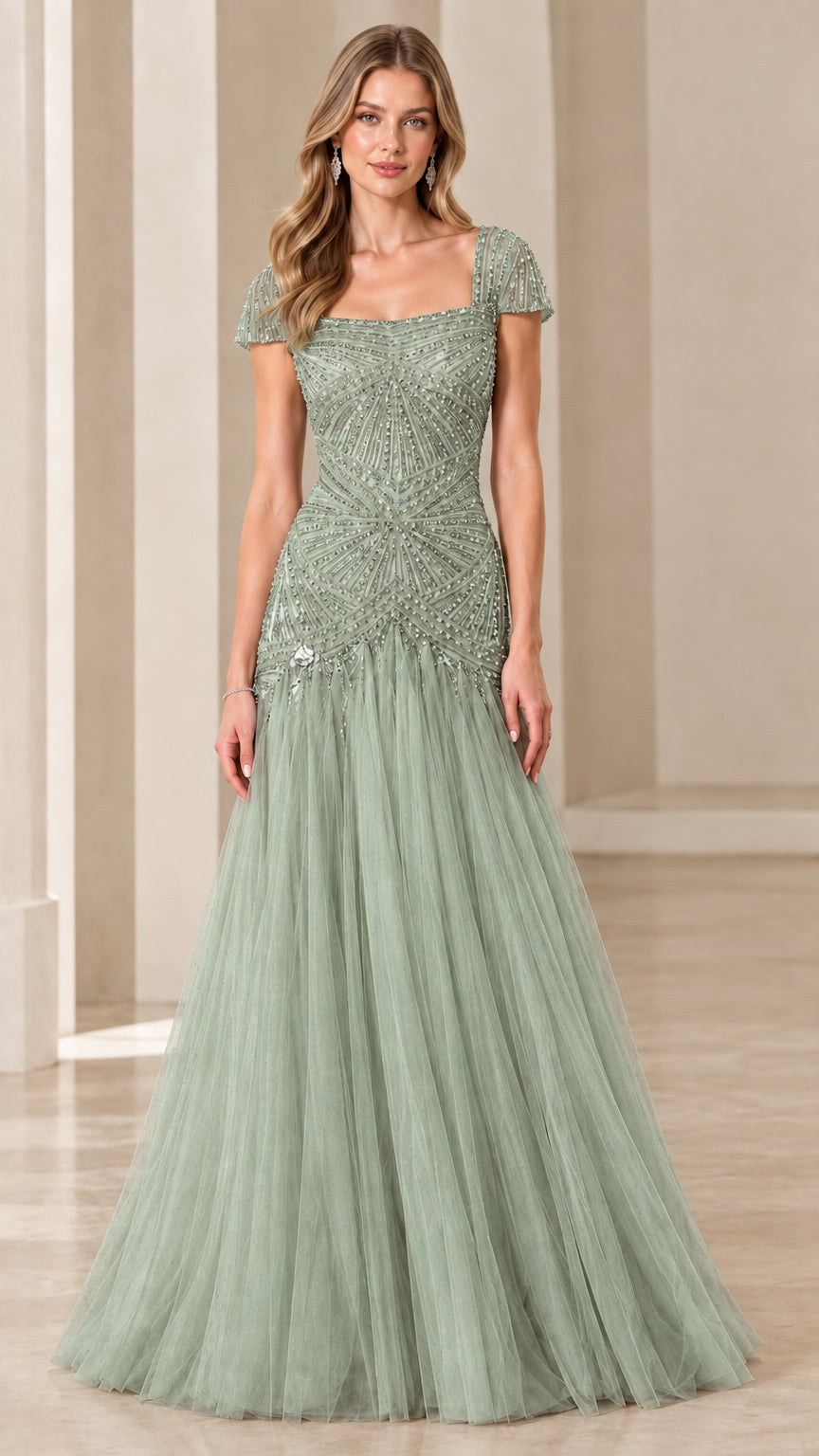 Sage green cap sleeve beaded tulle formal evening dress