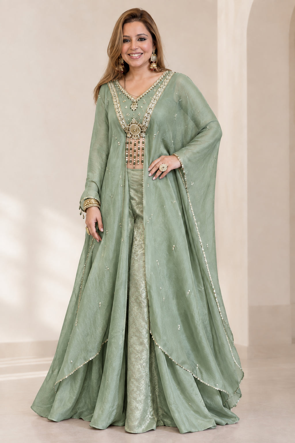 Sage Green 3-piece cape pant set with embellished V-neck crop top
