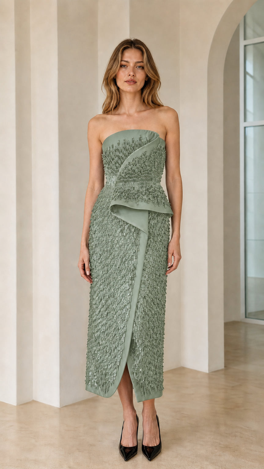 Sage green color variant of strapless beaded peplum midi dress