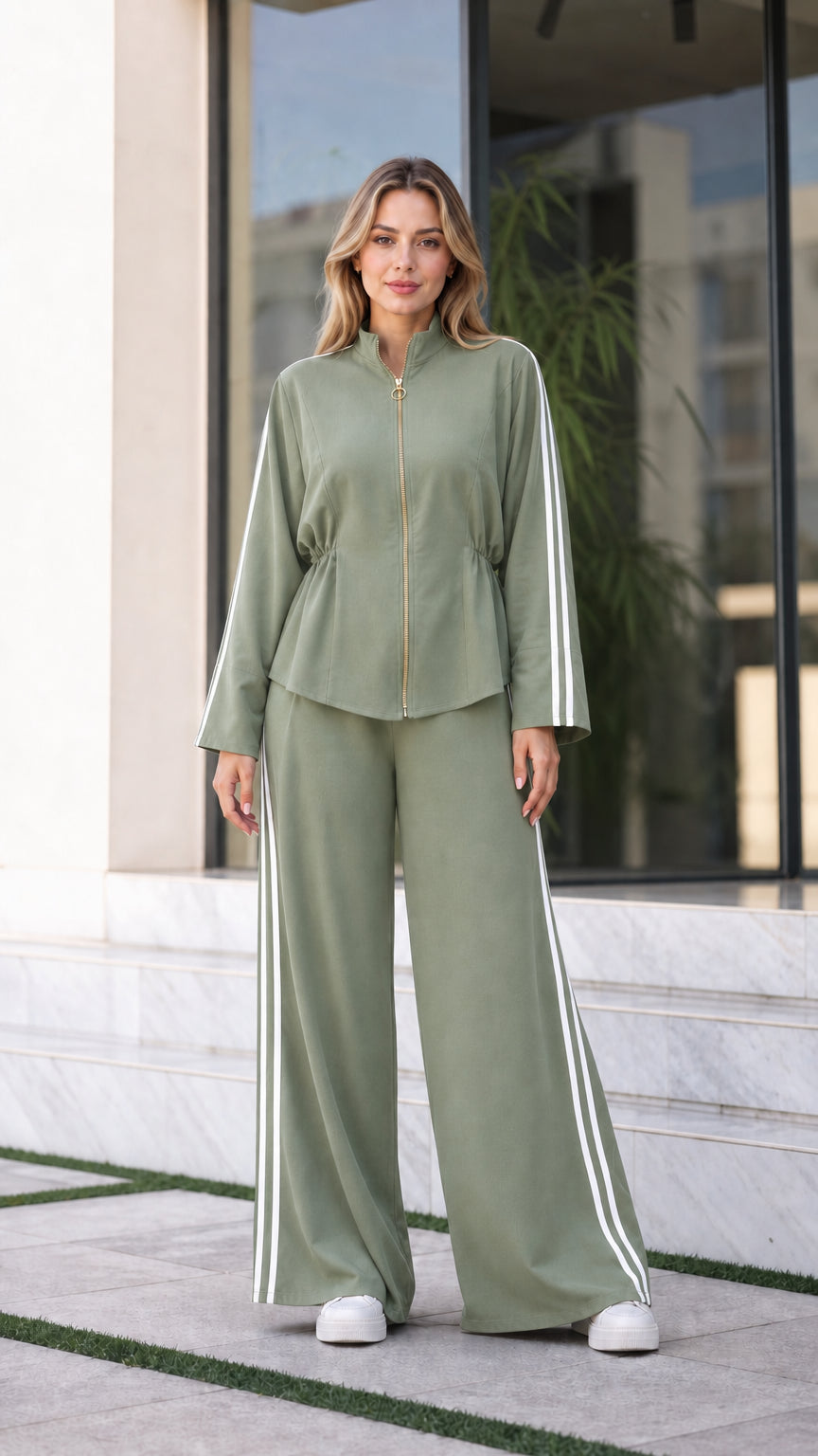 Women's Sage Green two-piece tracksuit set with white side stripes