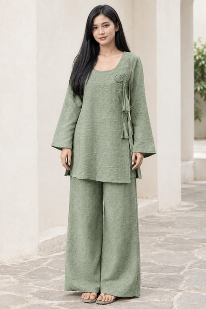 Front view of woman wearing Sage Green linen-look two-piece matching set