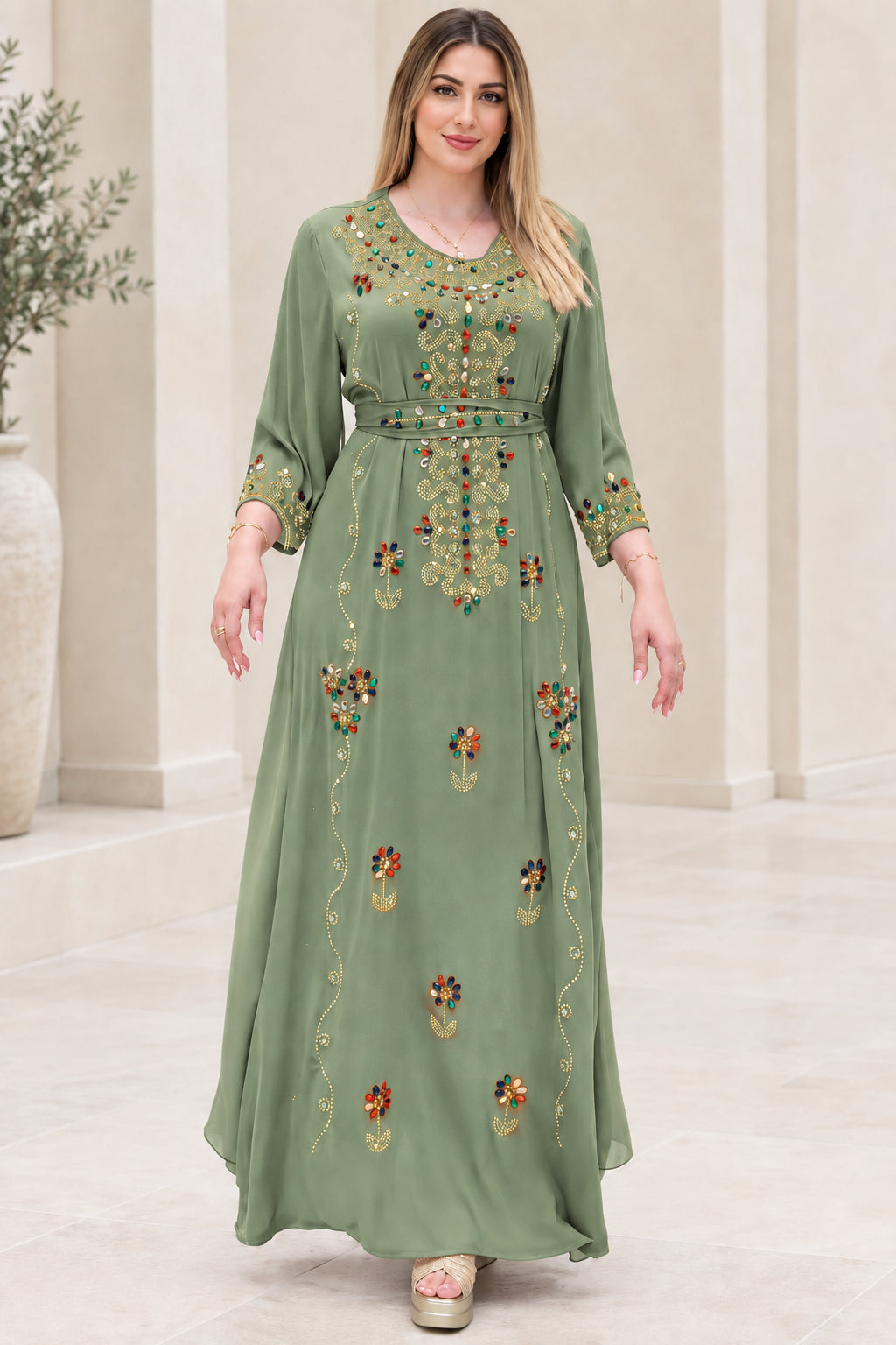 Front view of sage green embellished kaftan maxi dress with tie belt