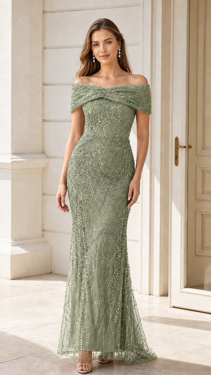 Front view of sage green off-the-shoulder sequin formal maxi dress