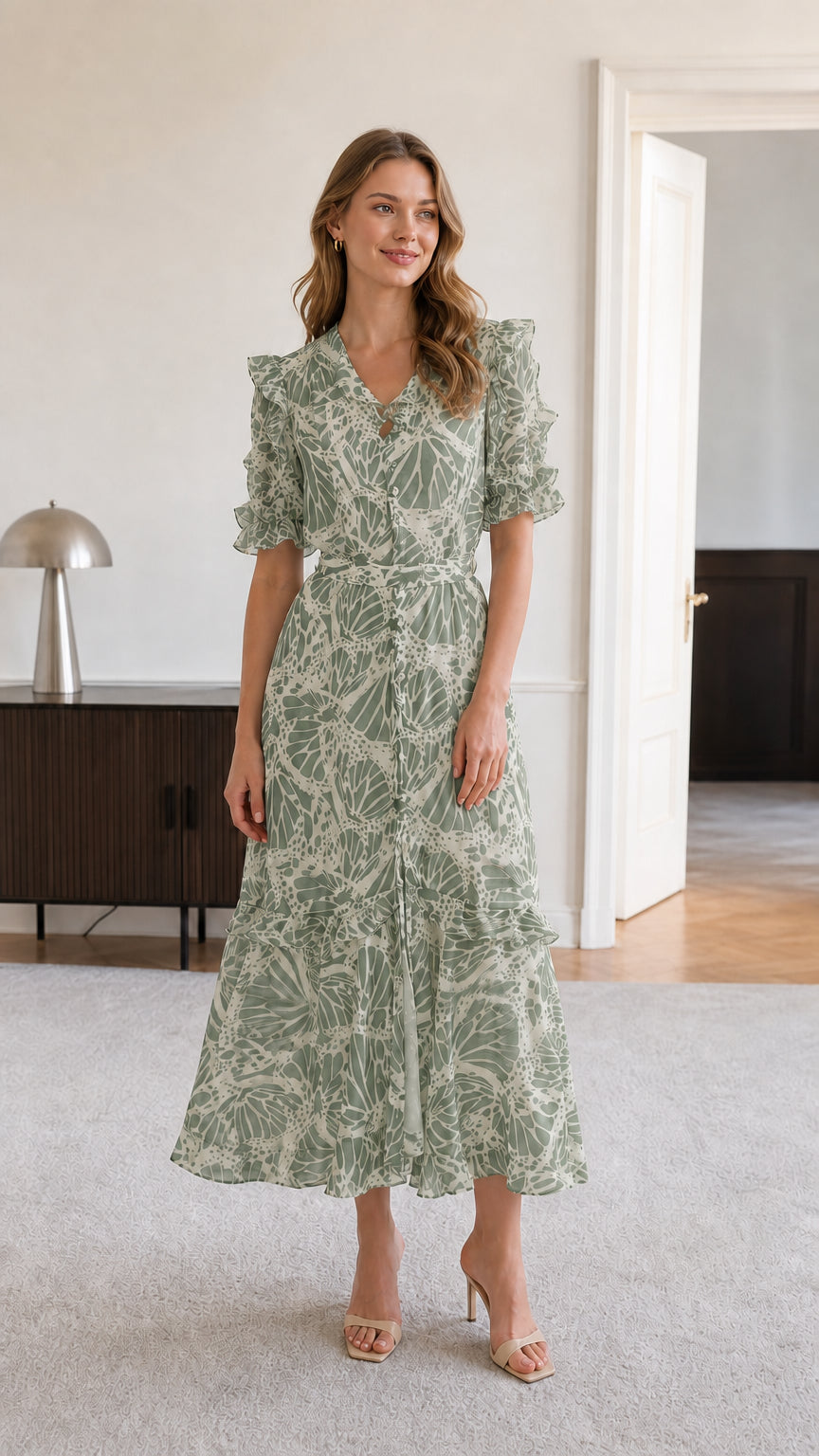 Model wearing sage green botanical print tiered midi dress