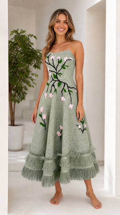 Front view of sage green floral embroidered strapless midi dress