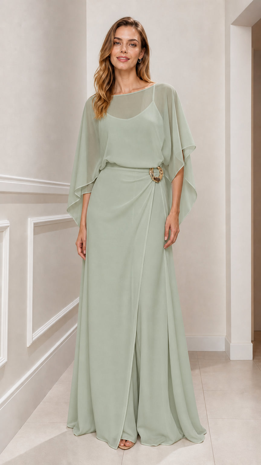 Sage Green chiffon cape formal maxi dress front view