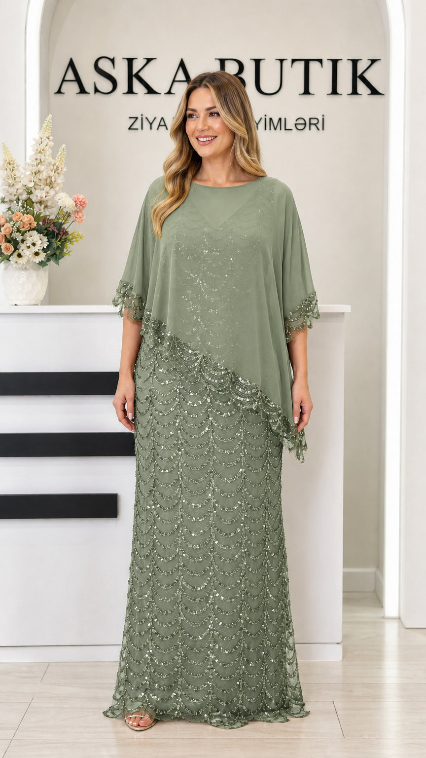 Sage green sequin floor-length evening dress with chiffon overlay