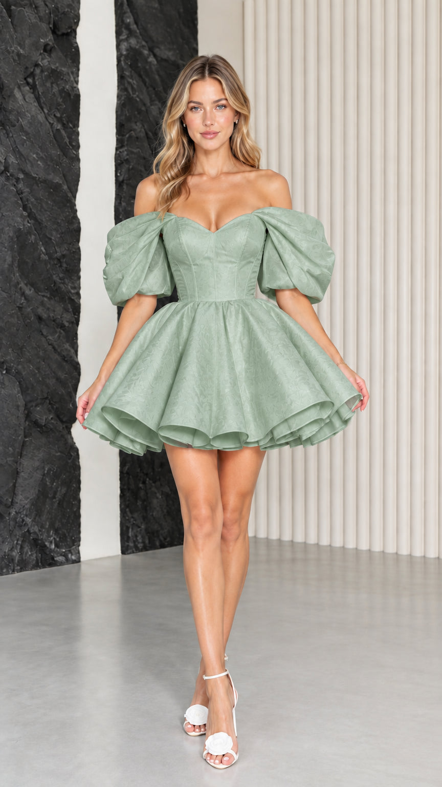 Model wearing sage green off-the-shoulder corset puff sleeve mini dress