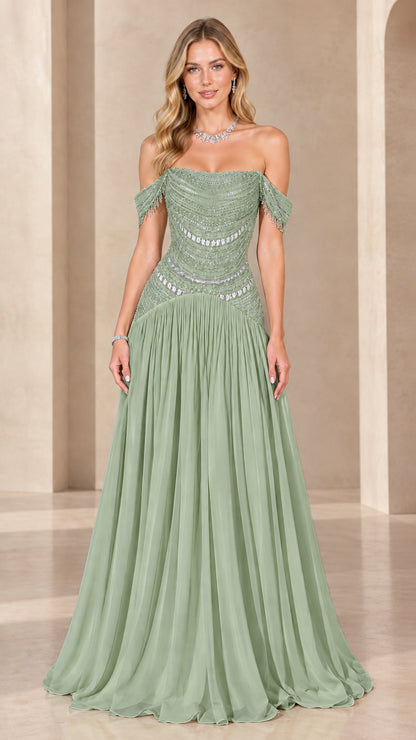 Full-length front view of sage green off-the-shoulder beaded maxi evening dress