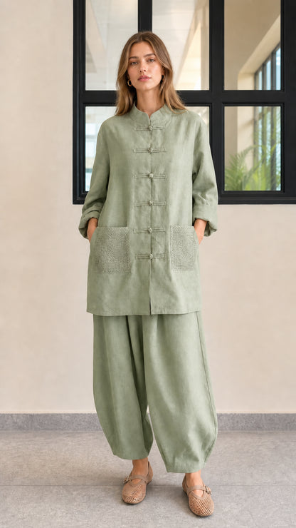 Front view of sage green mandarin collar tunic and lantern pants two-piece set