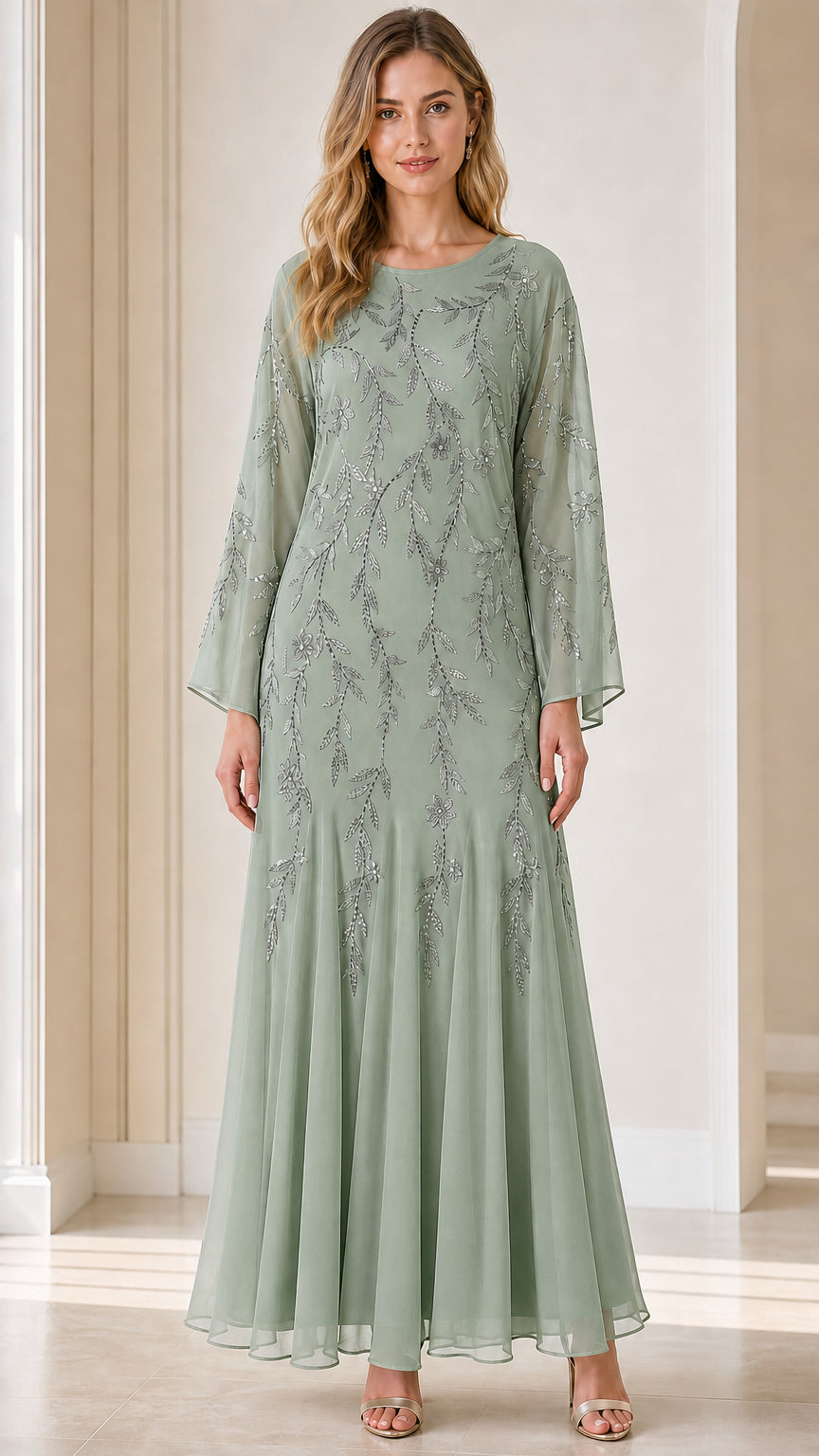 Front view of model wearing sage green sequin embroidered maxi dress