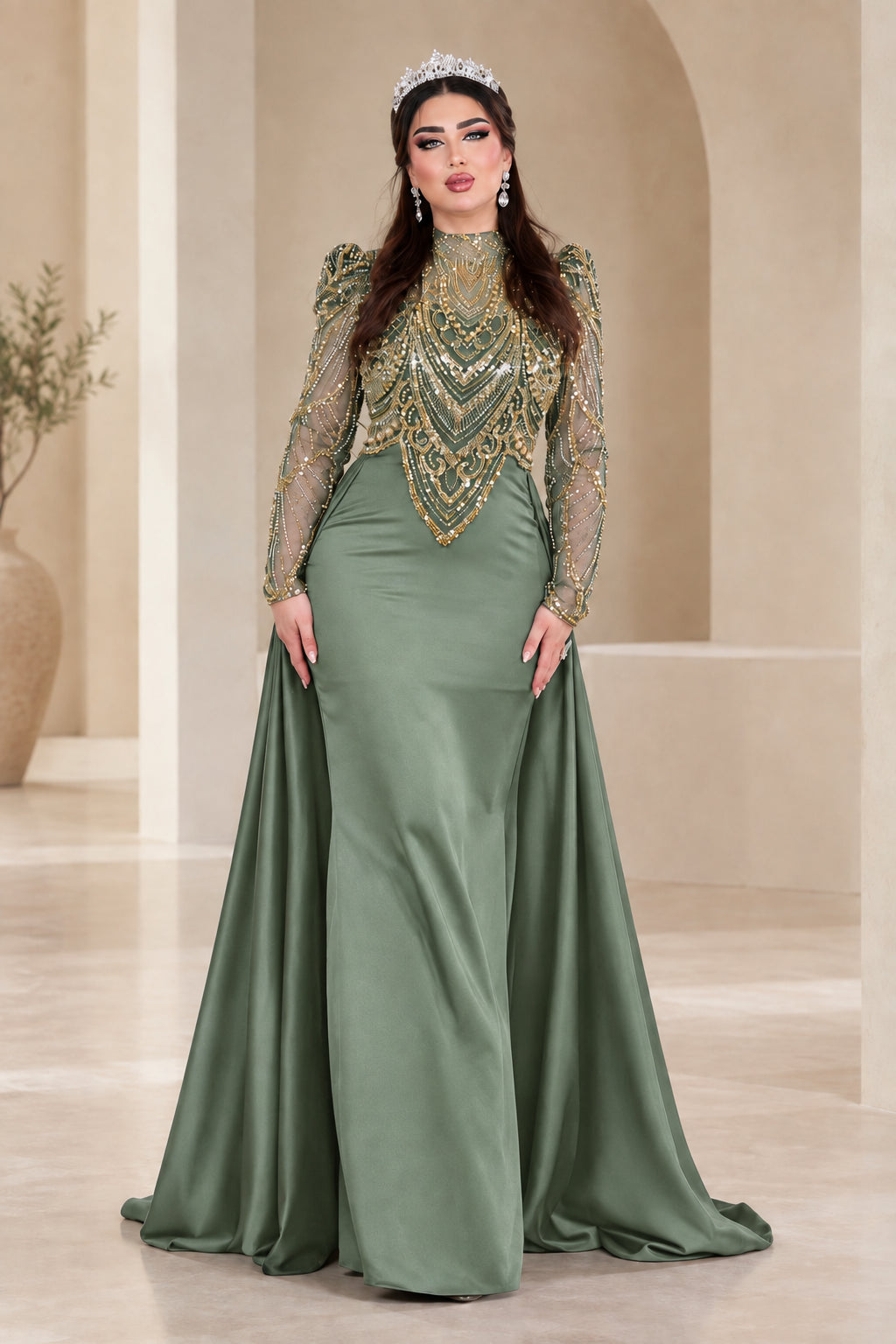 Front view of sage green formal evening gown with sequined mesh bodice