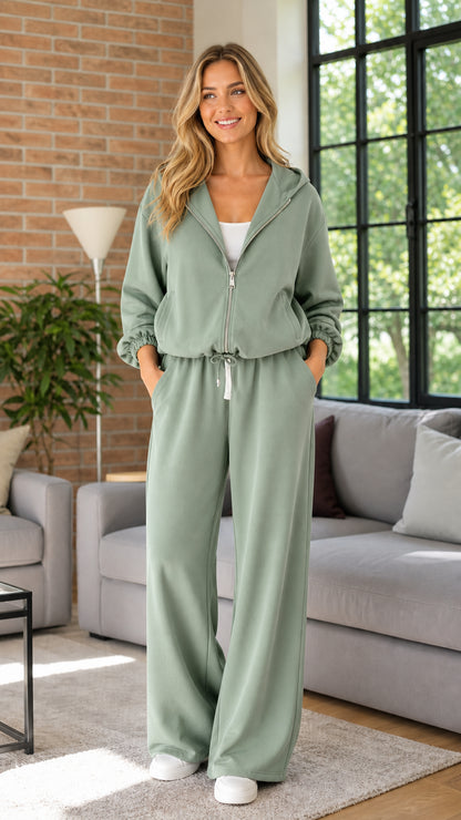Model wearing sage green zip-up hoodie and wide-leg sweatpants set