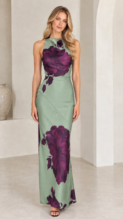 Front view of sage green floral print halter neck satin maxi dress