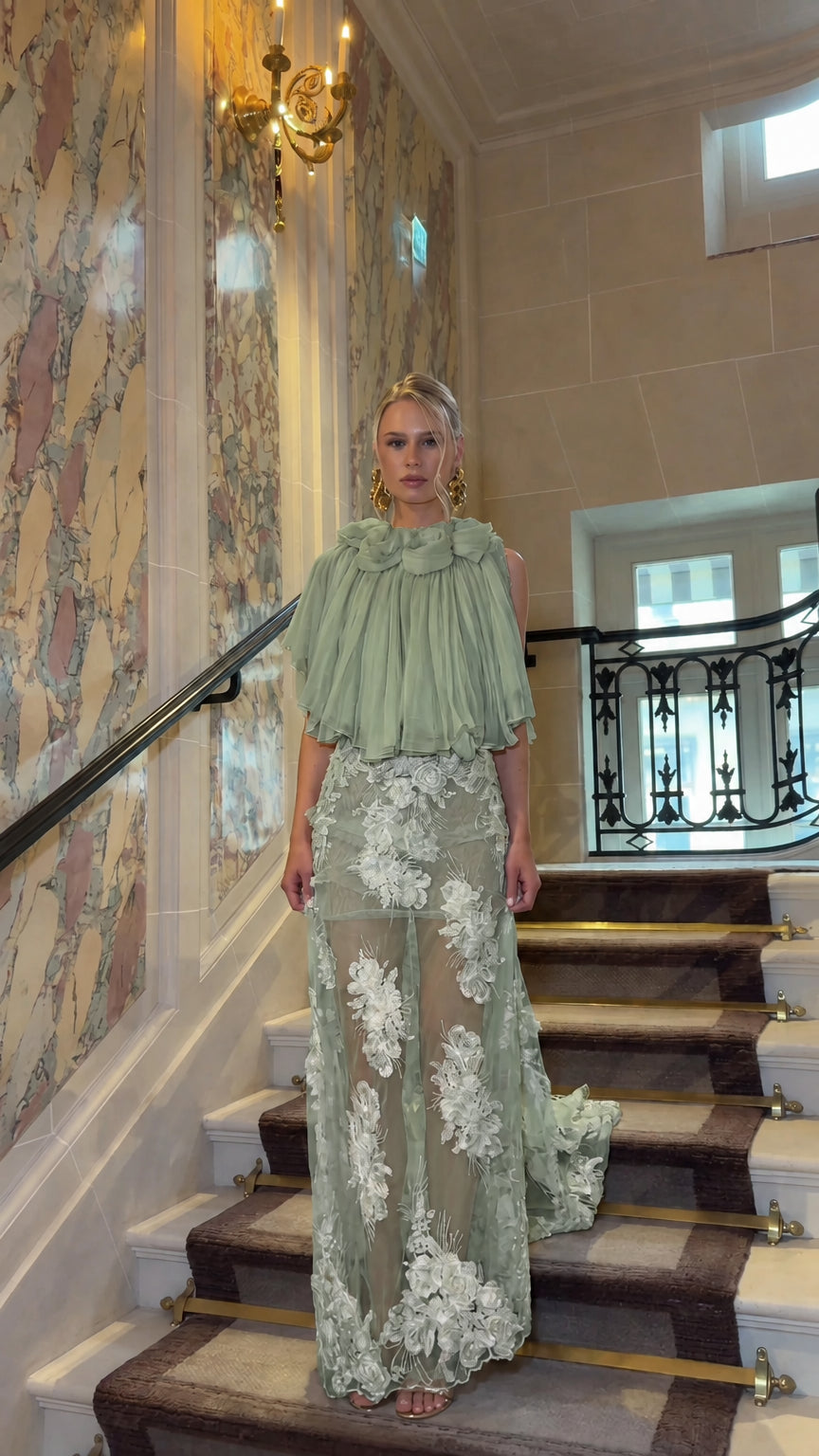 Sage Green pleated capelet floral embroidered sheer maxi gown