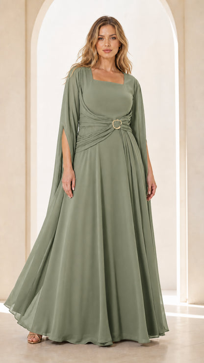 Front view of Sage Green square neck formal maxi gown with cape sleeves