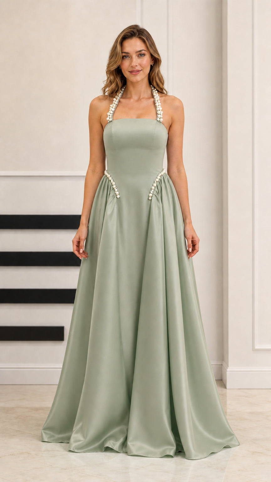 Sage green satin A-line gown with pearl halter neckline