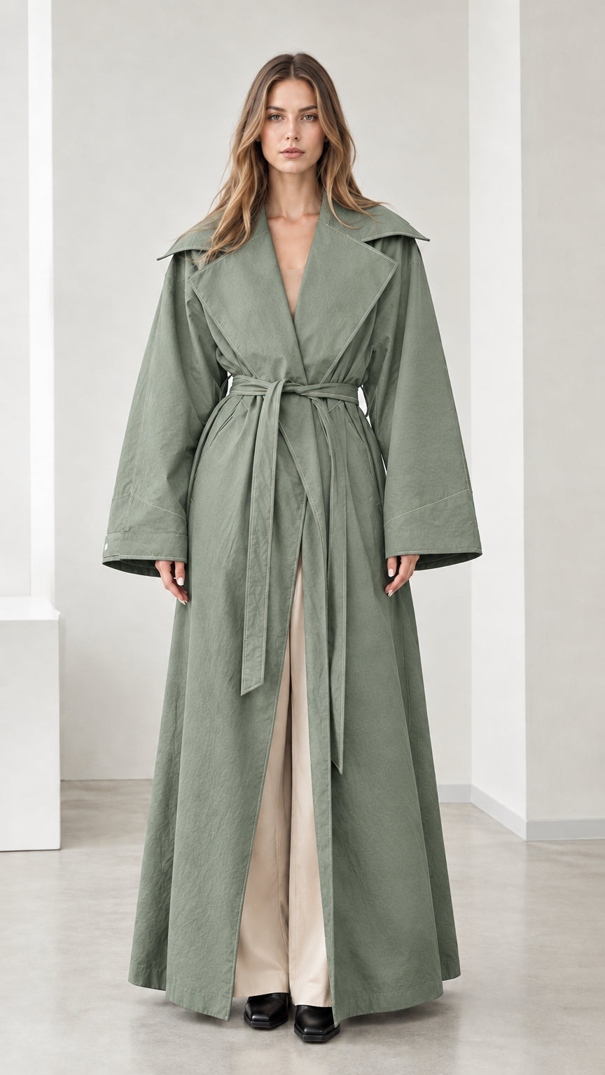 Full-length view of woman wearing sage green maxi trench coat