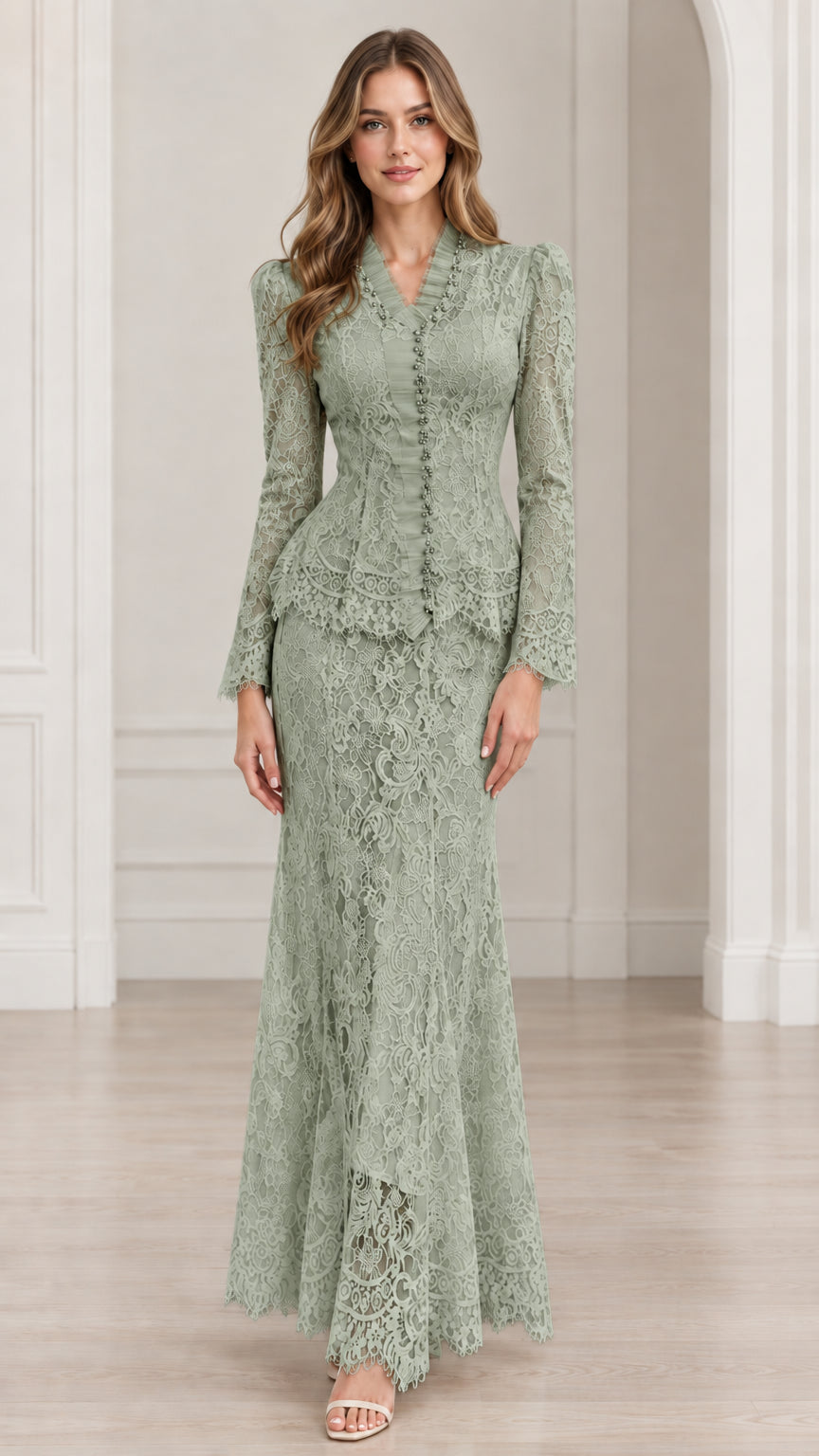 Front view of Sage Green floral lace peplum jacket and maxi skirt set