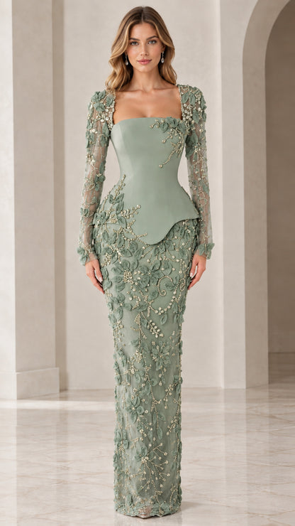 Sage Green structured peplum evening gown with floral beadwork and embroidery