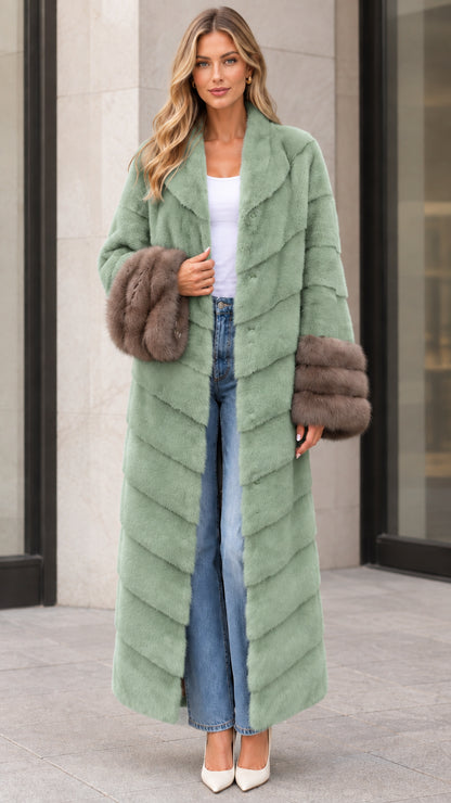 Front view of sage green chevron maxi faux fur coat with brown plush cuffs