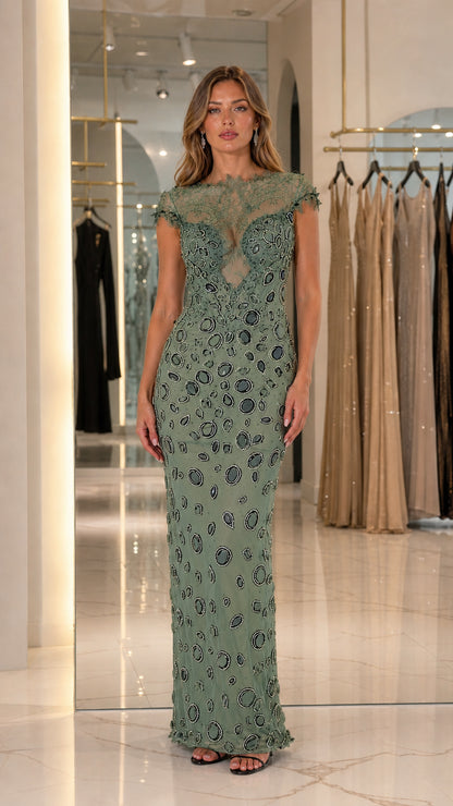 Sage green illusion lace floor-length embellished evening dress