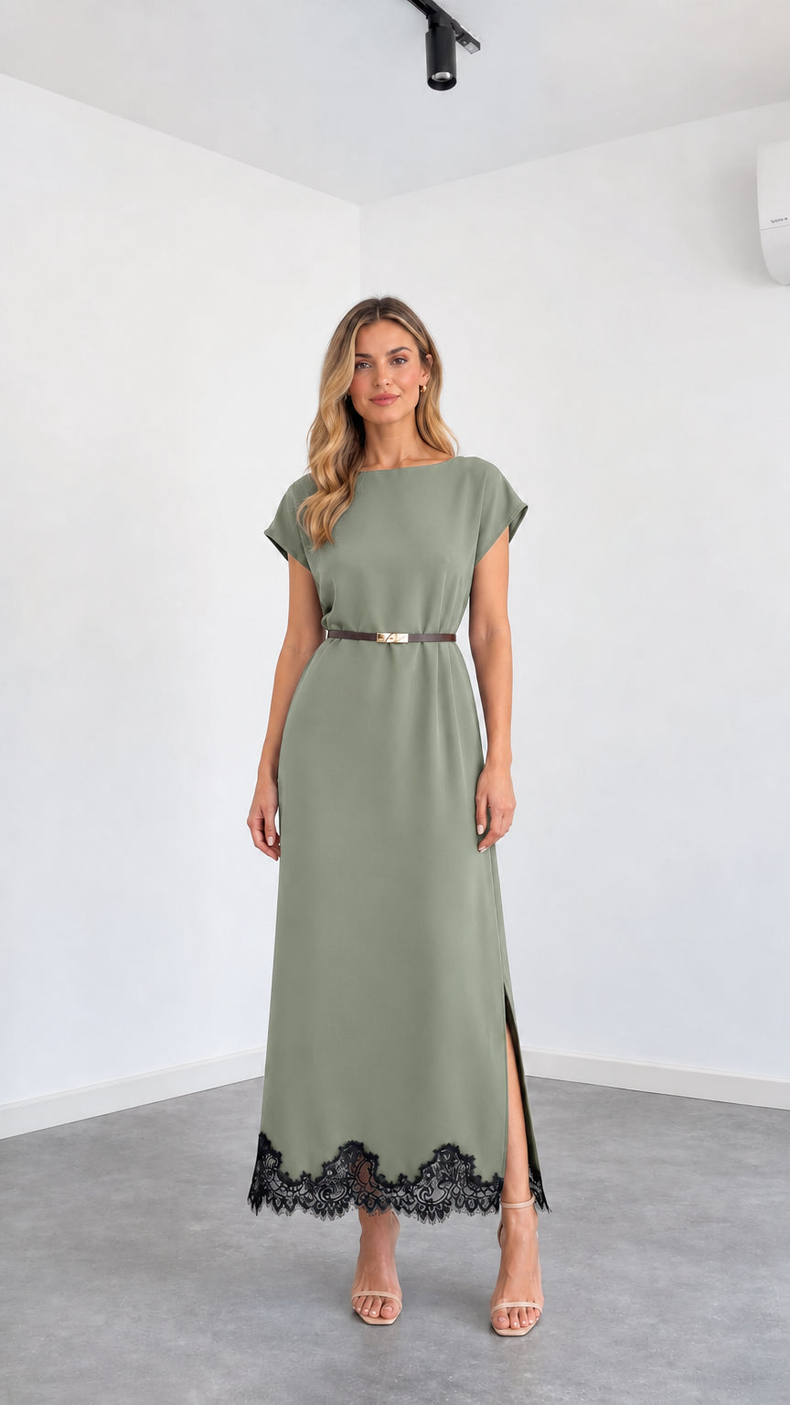 Front view of sage green cap sleeve belted column maxi dress with black lace hem
