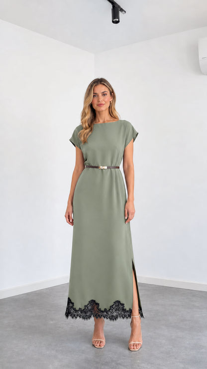Front view of sage green cap sleeve belted column maxi dress with black lace hem