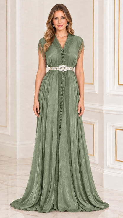 Sage green pleated kaftan maxi evening dress with ornate belt