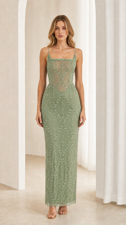 Front view of model wearing Sage Green beaded corset formal gown