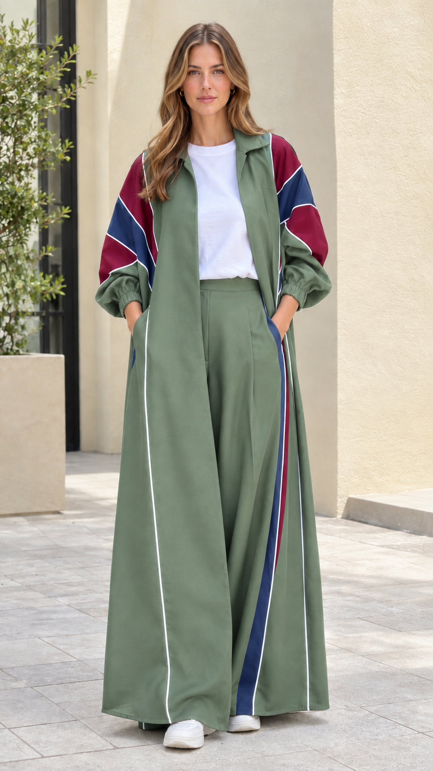 Front view of sage green colorblock duster coat and wide-leg pants set