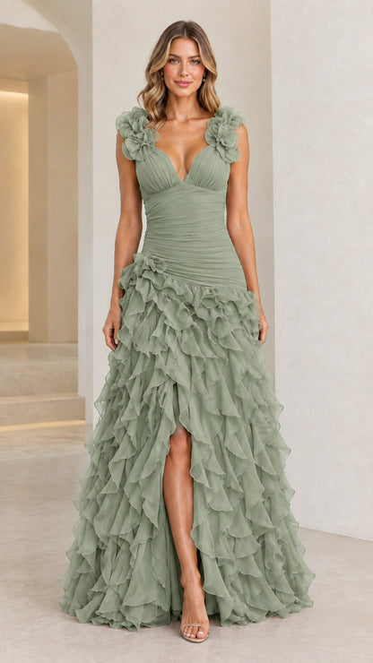 Front view of woman wearing Sage Green tiered ruffle slit maxi dress