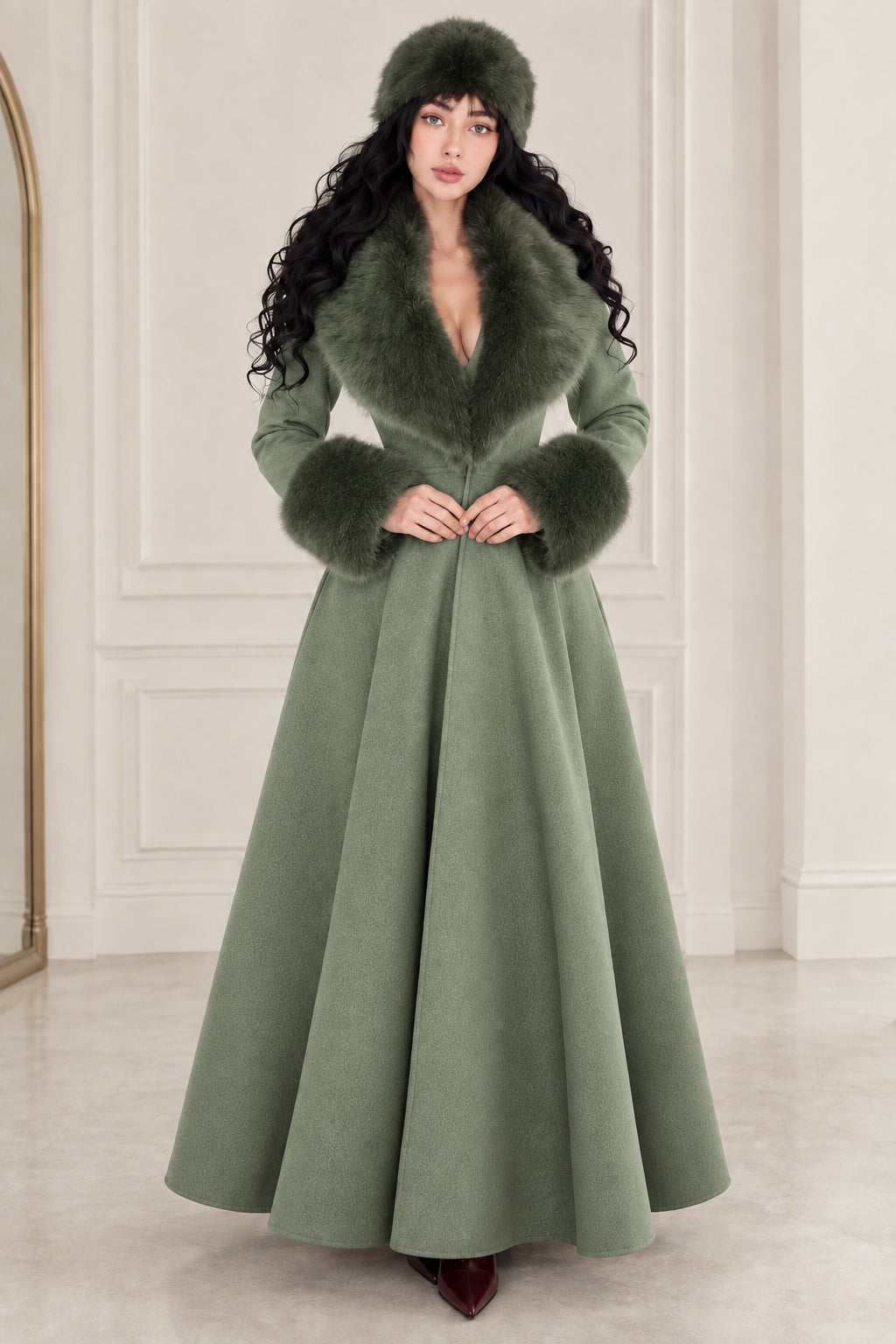 Front view of woman wearing sage green long overcoat with matching green faux fur trim