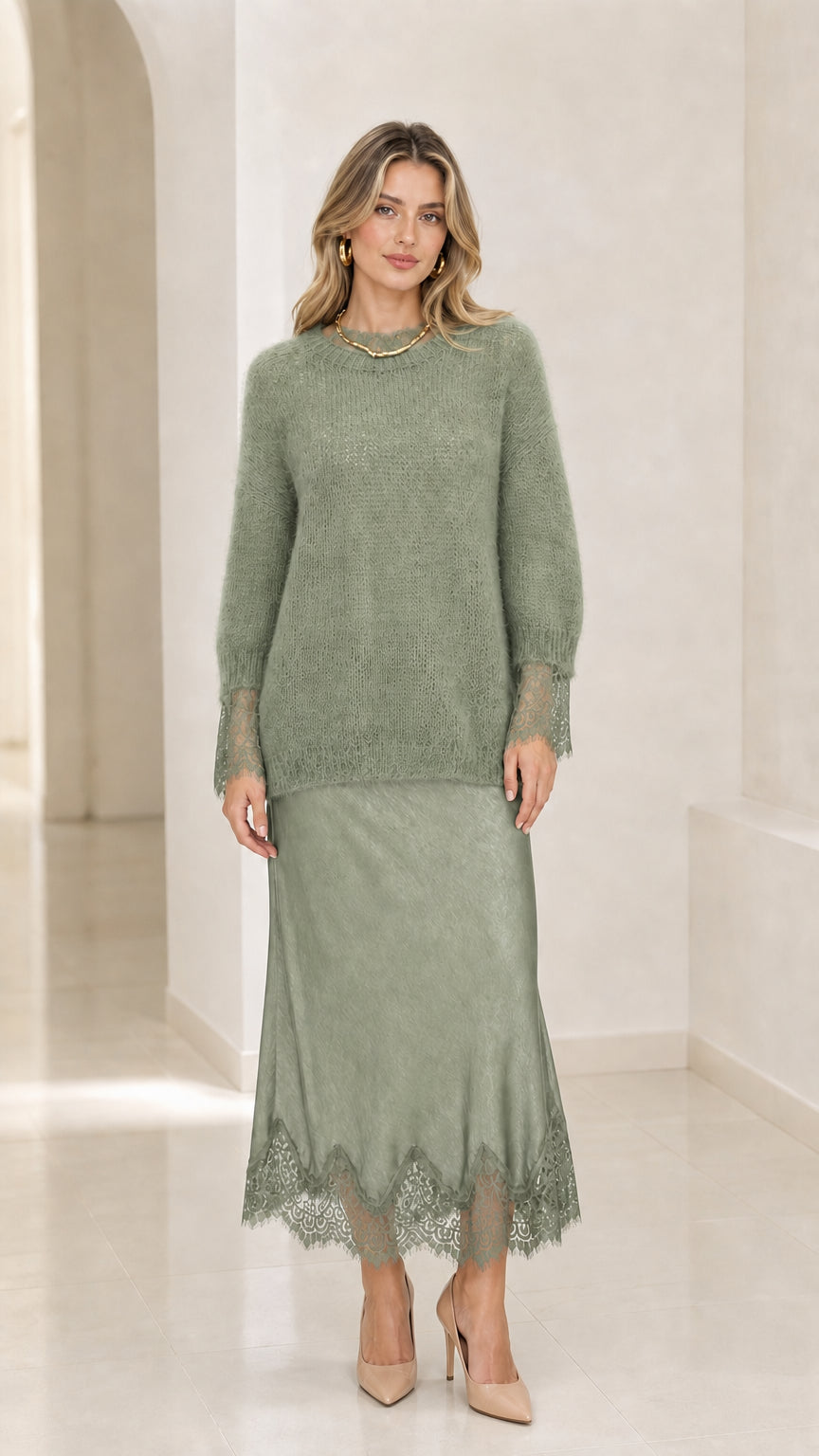 Sage green knit pullover and lace trimmed midi skirt set