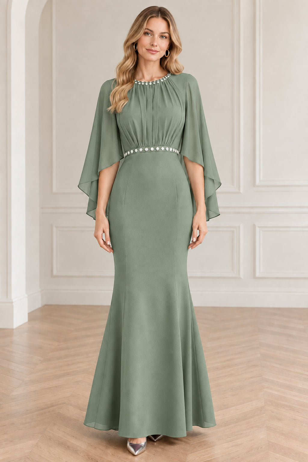 Sage green beaded neckline cape sleeve mermaid maxi dress