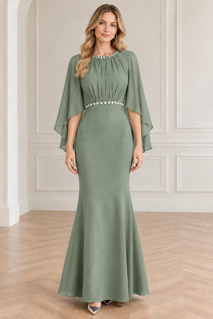 Sage green beaded neckline cape sleeve mermaid maxi dress