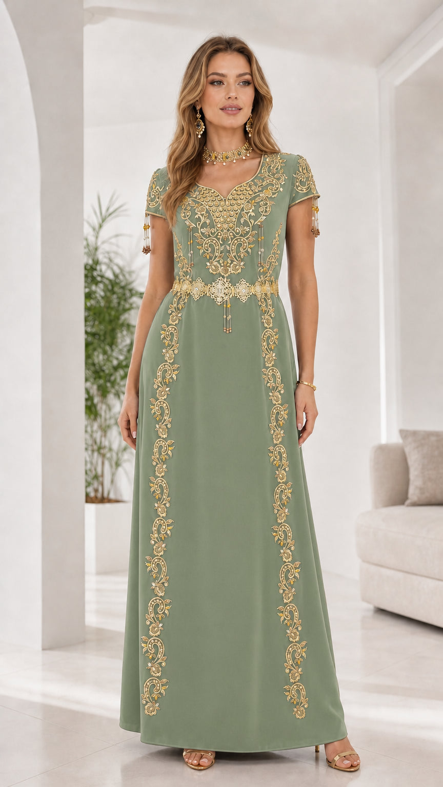 Full front view of sage green gold embroidered evening maxi dress