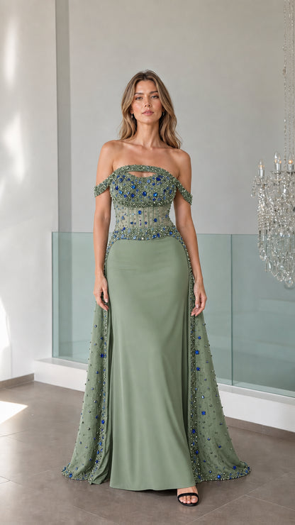 Sage green off-the-shoulder formal gown variant