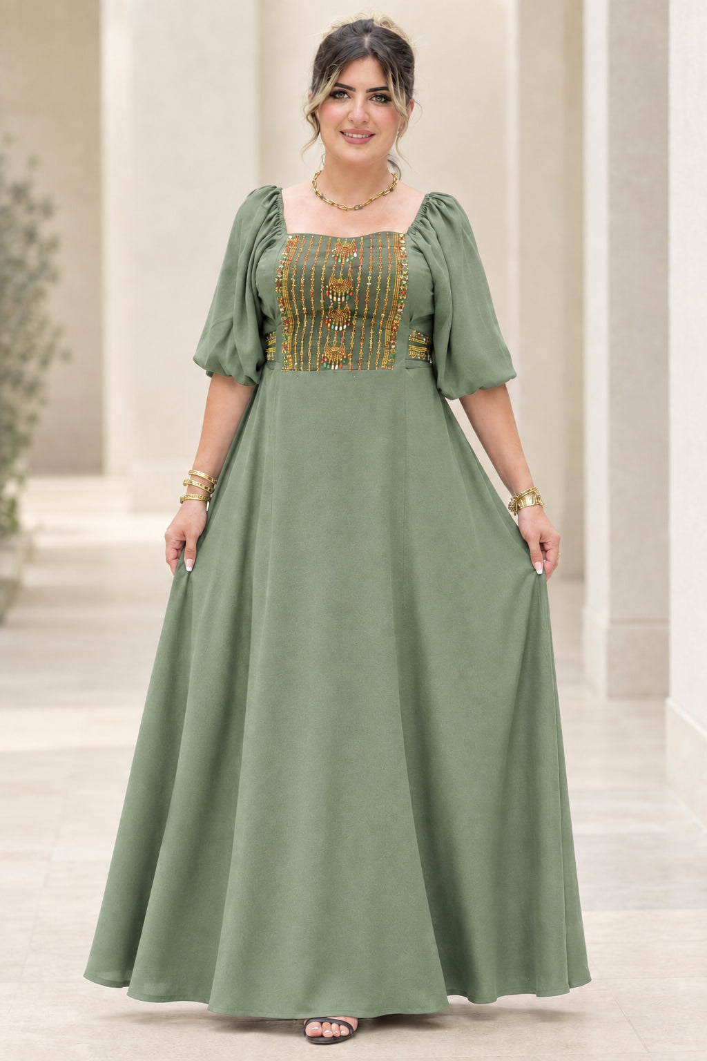 Front view of sage green embroidered square neck puff sleeve maxi dress