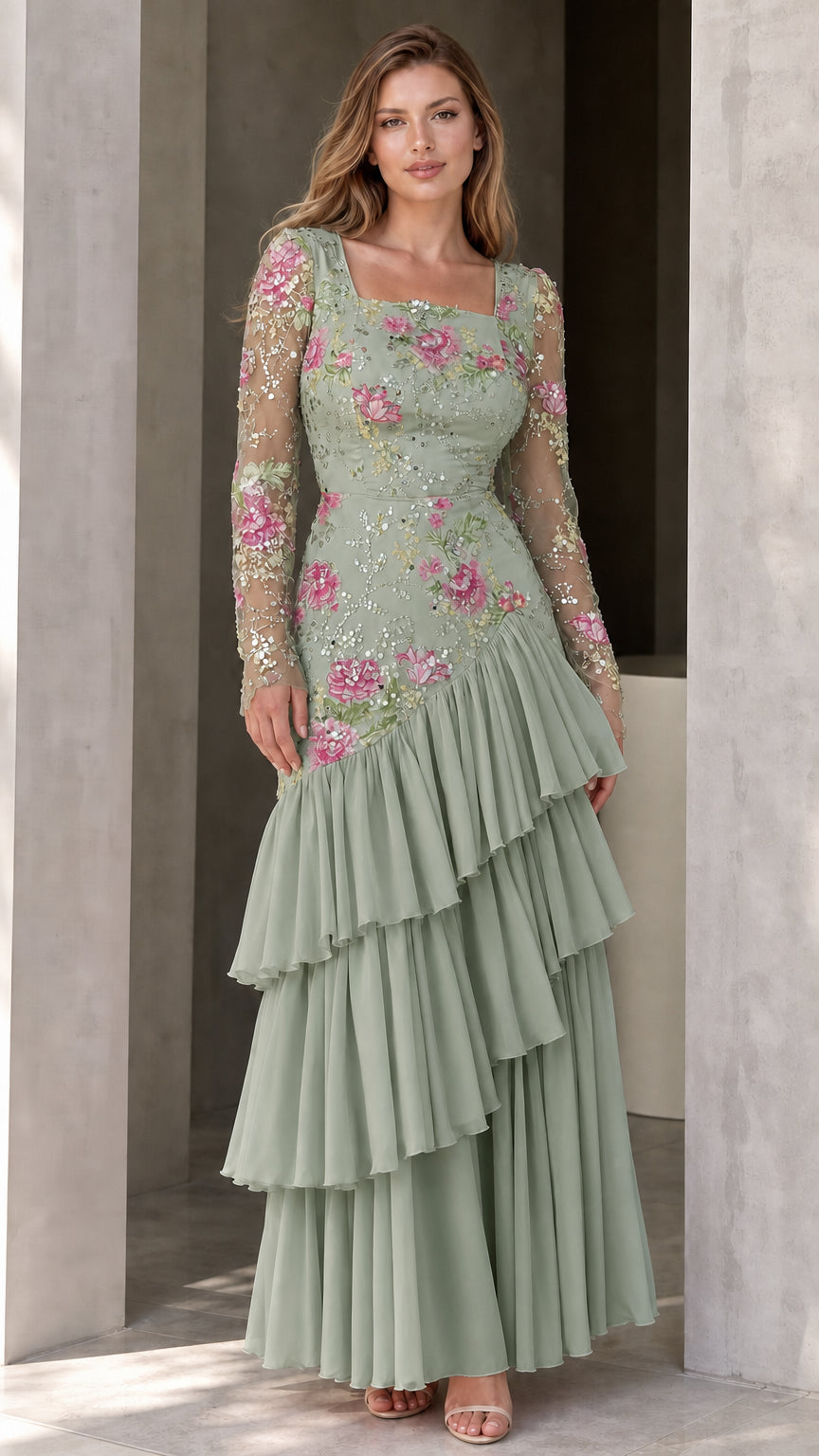 Sage green floral embroidered sequin formal gown with tiered pleated skirt