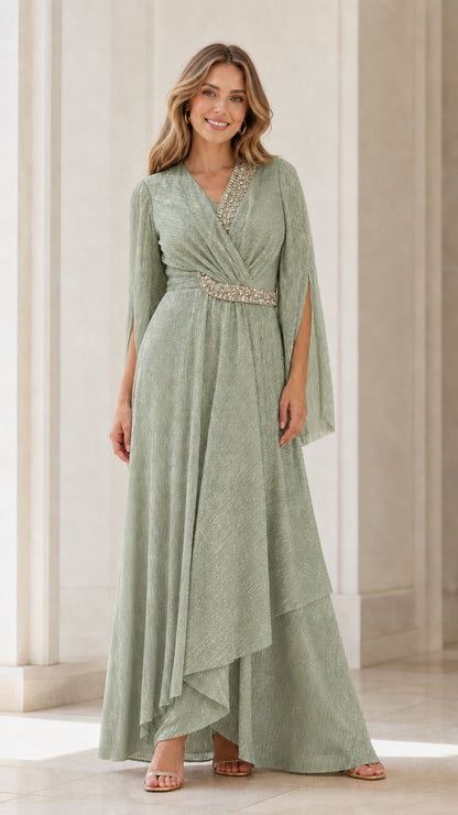 Front view of model wearing sage green rhinestone evening dress