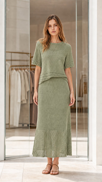 Full front view of sage green pointelle knit two-piece top and maxi skirt set